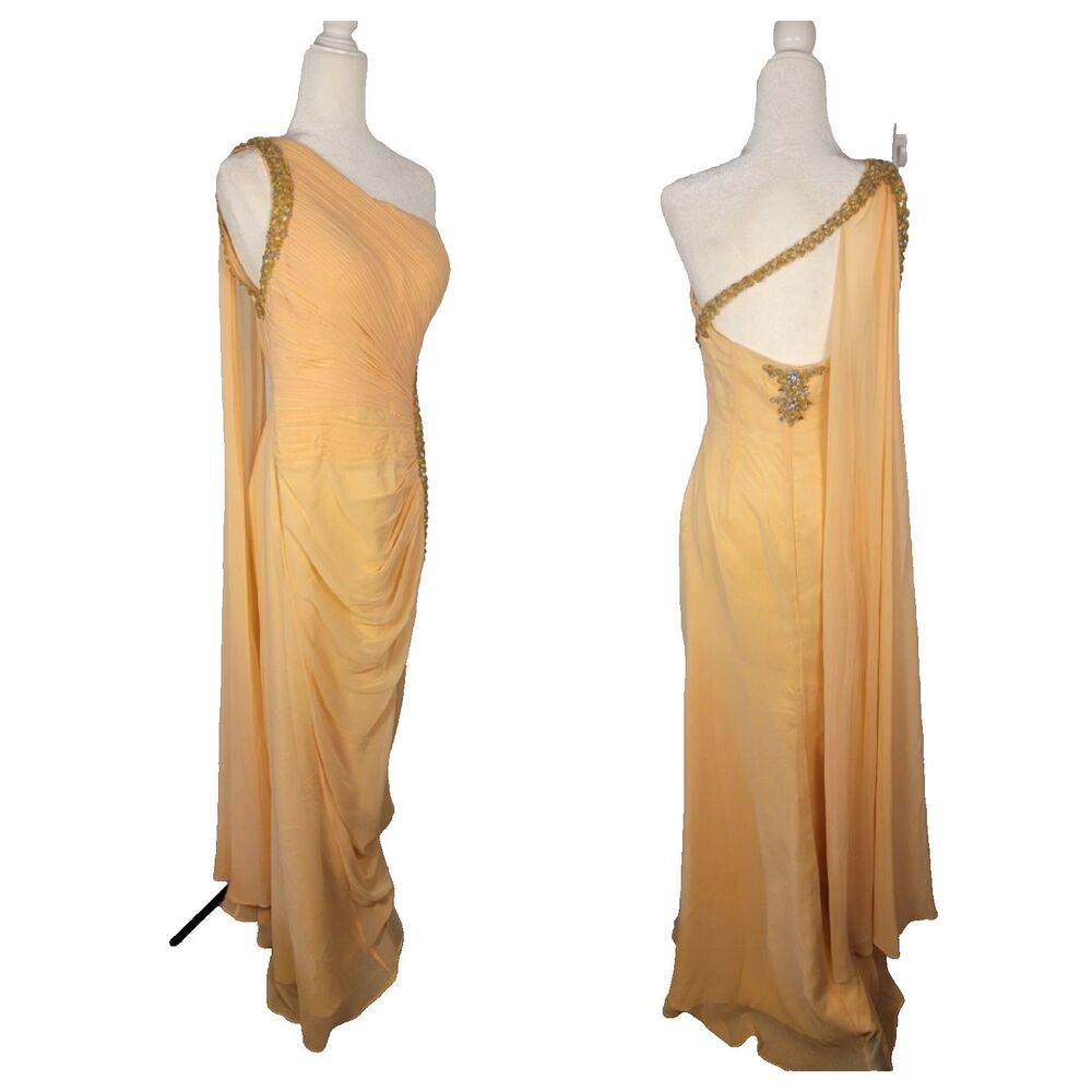 Rich's Apparel One Shoulder Peach Chiffon Maxi Formal Dress Size M Gold Beaded